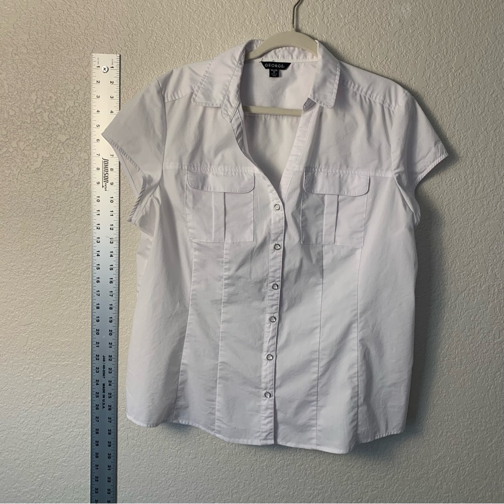 George Women's Classic Button Down Shirt - White, fitted with cap sleeves